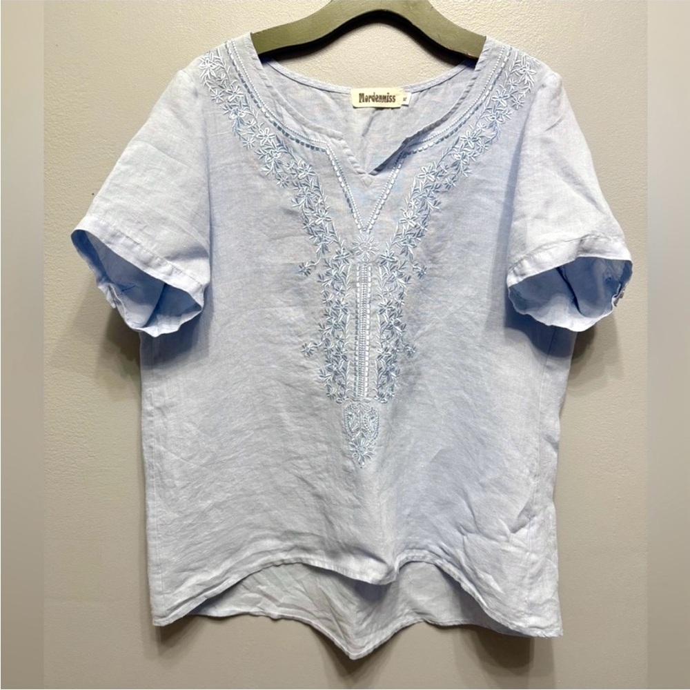 Mordenmiss 100% Linen Light Blue Embroidered Blouse